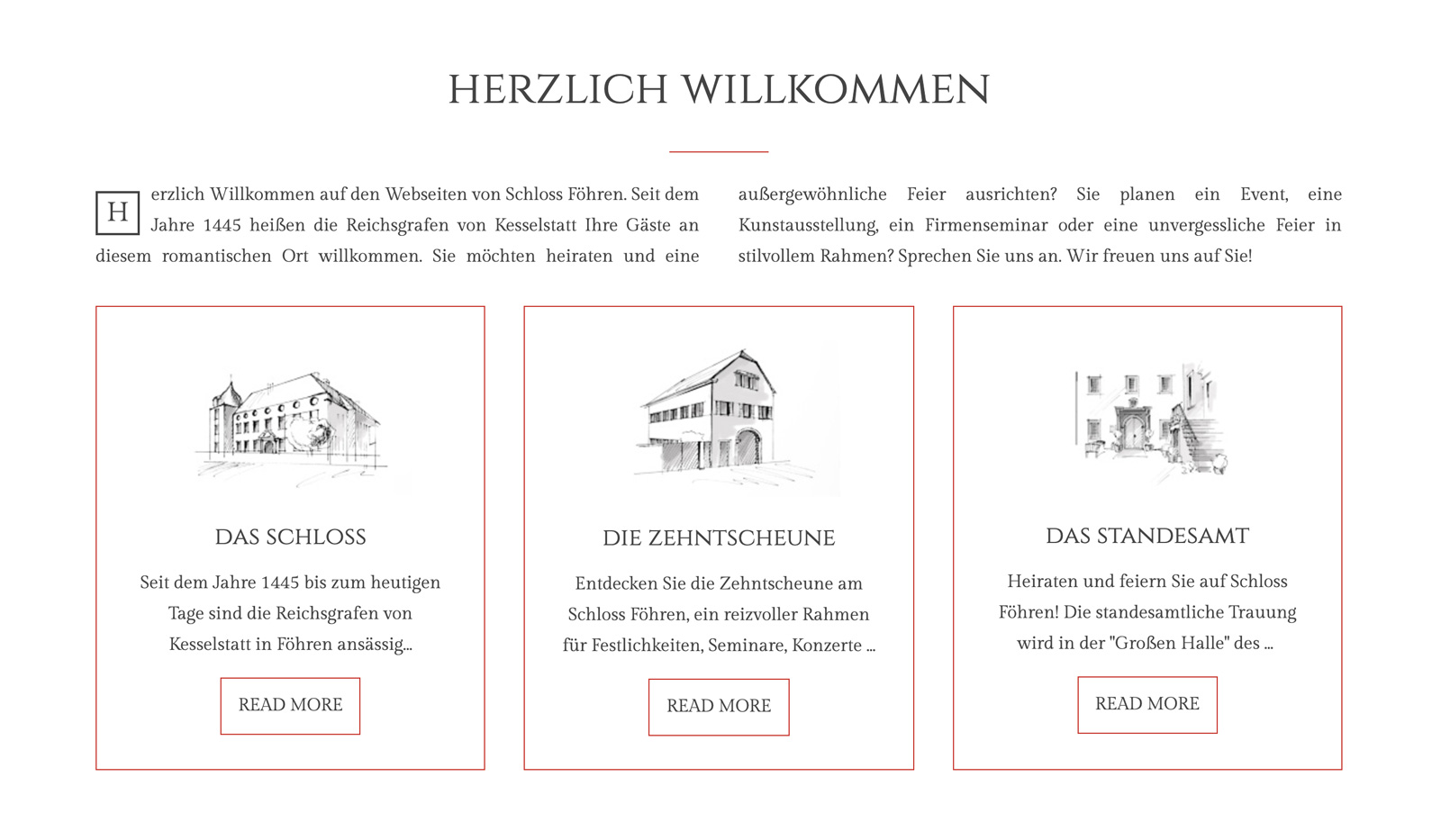 Schloss Föhren - Die drei Hauptfelder auf der Homepage